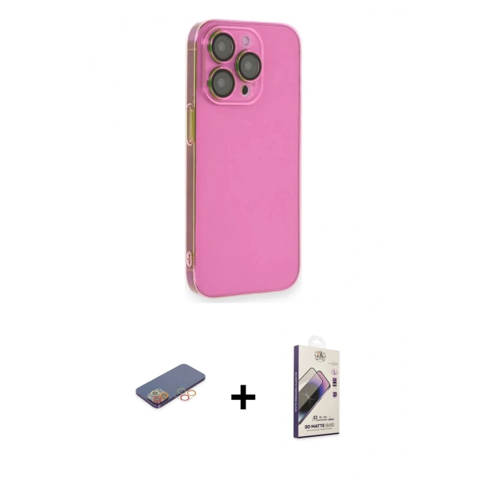 MARSİLYAN™- iPhone 13 Pro Max Kılıf Siluet Minimal Özel Seri - Siyah Bilvis 3D Mat Cam Ekran Koruyucu + Turuncu Renkli Kamera Lens Koruma Cam