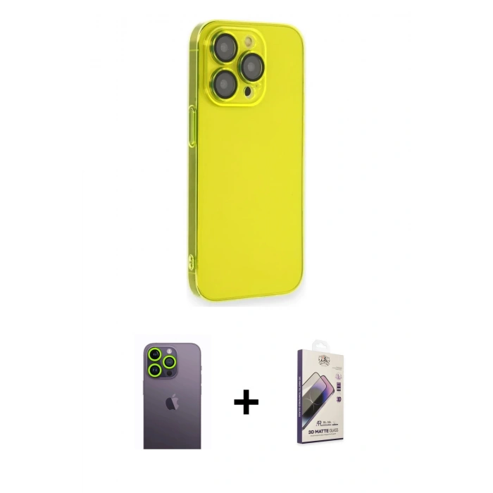 MARSİLYAN™- iPhone 13 Pro Max Kılıf Siluet Minimal Özel Seri - Siyah Bilvis 3D Mat Cam Ekran Koruyucu + Neon Fosforlu Kamera Lens - YL