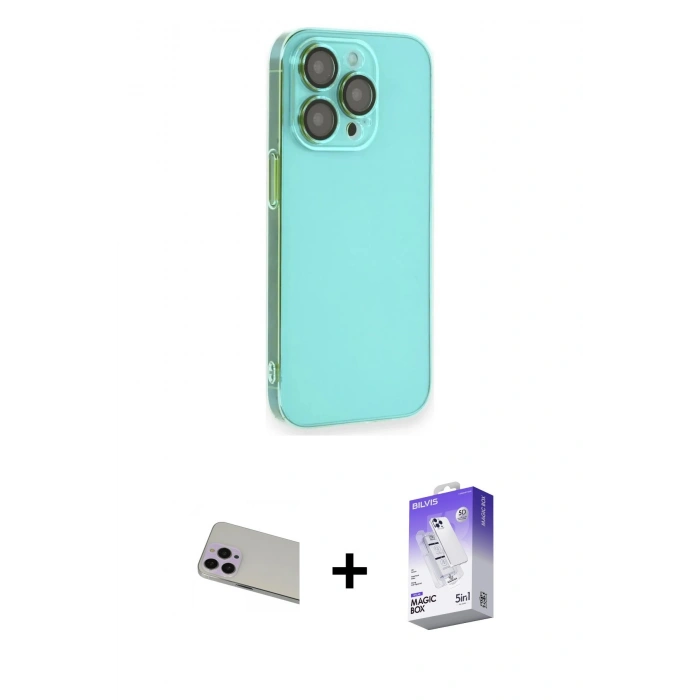 MARSİLYAN™- iPhone 13 Pro Max Kılıf Siluet Minimal Özel Seri - Siyah Bilvis 5in1 3D Magic Cam Ekran Koruyucu + Mor Rainbow Kamera Lens Koruma Cam