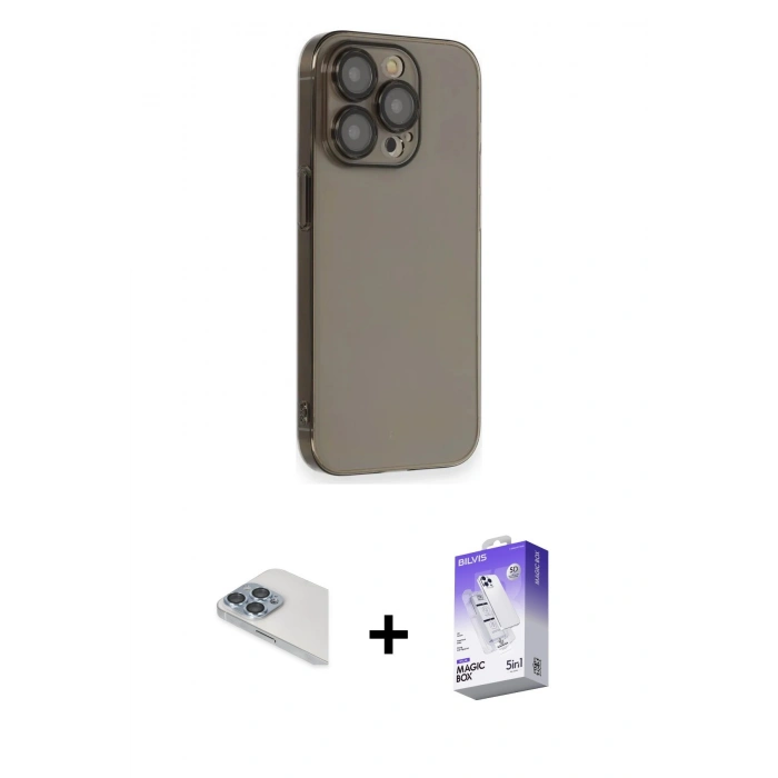 MARSİLYAN™- iPhone 13 Pro Max Kılıf Siluet Minimal Özel Seri - Siyah Bilvis 5in1 3D Magic Cam Ekran Koruyucu + Pers Alüminyum Kamera Lens - SABE