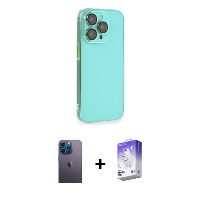 MARSİLYAN™- iPhone 13 Pro Max Kılıf Siluet Minimal Özel Seri - Siyah Bilvis 5in1 3D Magic Cam Ekran Koruyucu + Neon Fosforlu Kamera Lens - MI