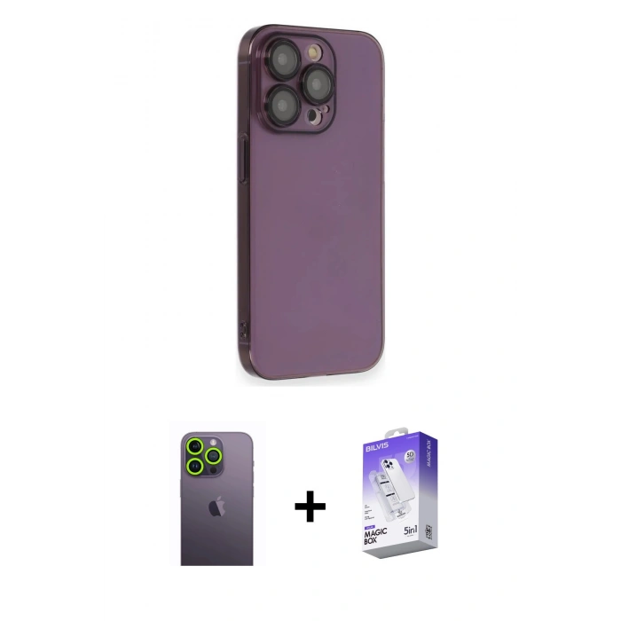 MARSİLYAN™- iPhone 13 Pro Max Kılıf Siluet Minimal Özel Seri - Siyah Bilvis 5in1 3D Magic Cam Ekran Koruyucu + Neon Fosforlu Kamera Lens - YL