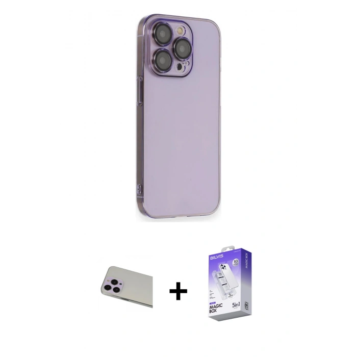 MARSİLYAN™- iPhone 13 Pro Max Kılıf Siluet Minimal Özel Seri - Siyah Bilvis 5in1 3D Magic Cam Ekran Koruyucu + Mor Rainbow Kamera Lens Koruma Cam