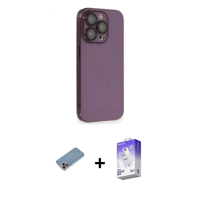 MARSİLYAN™- iPhone 13 Pro Max Kılıf Siluet Minimal Özel Seri - Siyah Bilvis 5in1 3D Magic Cam Ekran Koruyucu + Pembe Shine Kamera Lens Koruma Cam