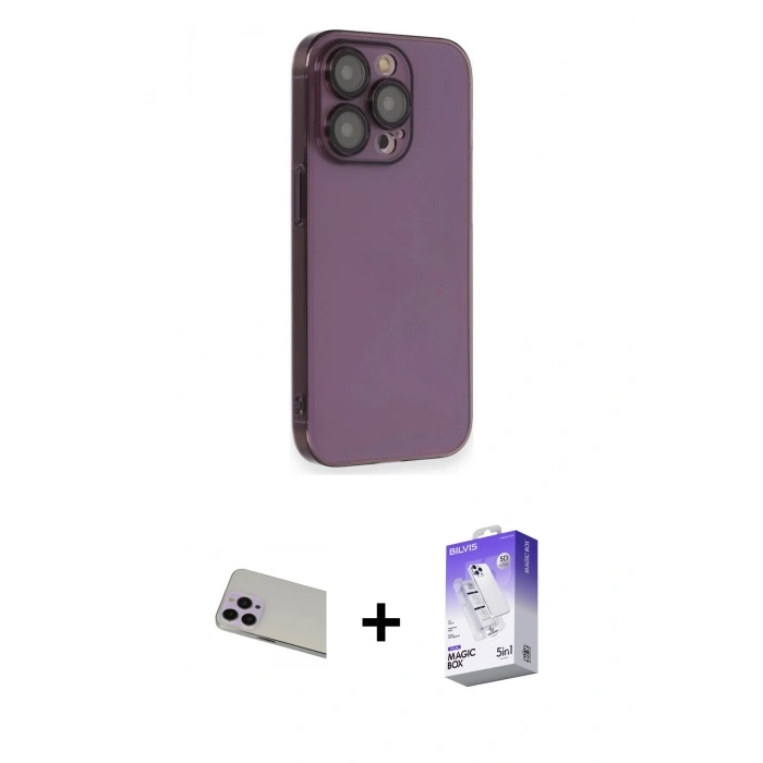MARSİLYAN™- iPhone 13 Pro Max Kılıf Siluet Minimal Özel Seri - Siyah Bilvis 5in1 3D Magic Cam Ekran Koruyucu + Mor Rainbow Kamera Lens Koruma Cam