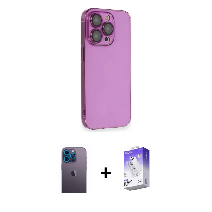MARSİLYAN™- iPhone 13 Pro Max Kılıf Siluet Minimal Özel Seri - Siyah Bilvis 5in1 3D Magic Cam Ekran Koruyucu + Neon Fosforlu Kamera Lens - MI