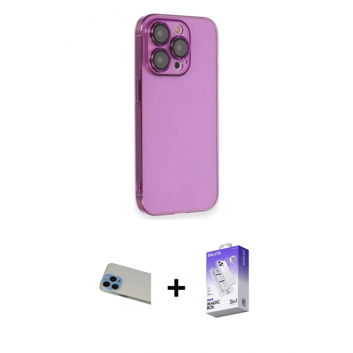 MARSİLYAN™- iPhone 13 Pro Max Kılıf Siluet Minimal Özel Seri - Siyah Bilvis 5in1 3D Magic Cam Ekran Koruyucu + Rainbow Kamera Lens Koruma Cam - MI