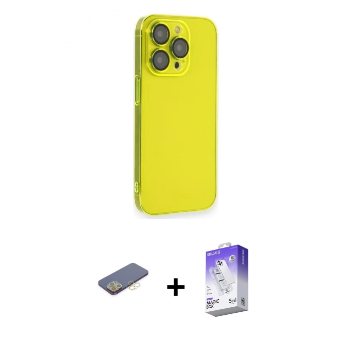 MARSİLYAN™- iPhone 13 Pro Max Kılıf Siluet Minimal Özel Seri - Siyah Bilvis 5in1 3D Magic Cam Ekran Koruyucu + Renkli Kamera Lens Koruma Cam - SI