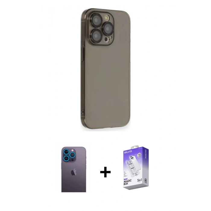MARSİLYAN™- iPhone 13 Pro Max Kılıf Siluet Minimal Özel Seri - Siyah Bilvis 5in1 3D Magic Cam Ekran Koruyucu + Neon Fosforlu Kamera Lens - MI