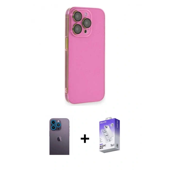 MARSİLYAN™- iPhone 13 Pro Max Kılıf Siluet Minimal Özel Seri - Siyah Bilvis 5in1 3D Magic Cam Ekran Koruyucu + Neon Fosforlu Kamera Lens - MI