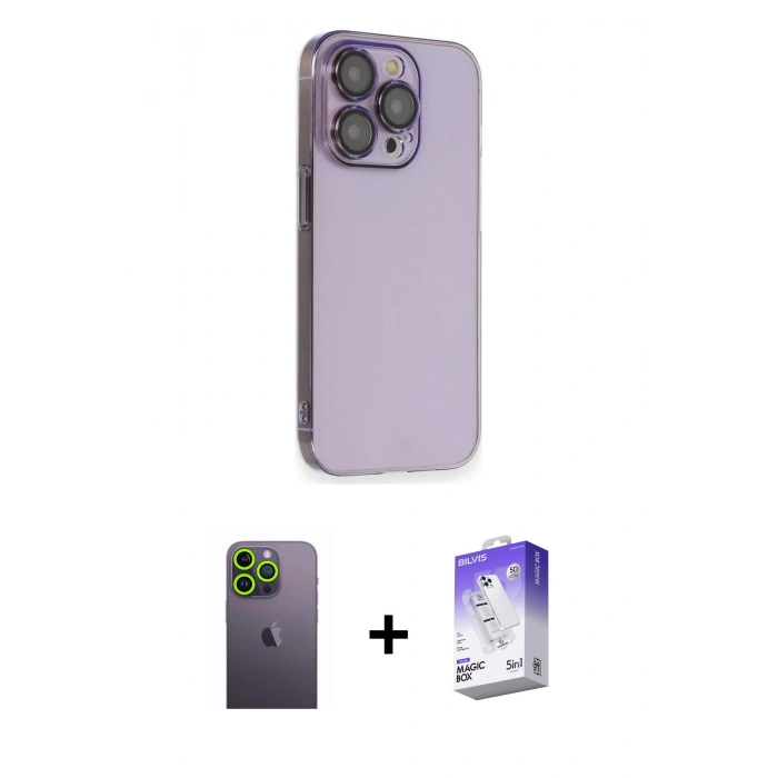 MARSİLYAN™- iPhone 13 Pro Max Kılıf Siluet Minimal Özel Seri - Siyah Bilvis 5in1 3D Magic Cam Ekran Koruyucu + Neon Fosforlu Kamera Lens - YL