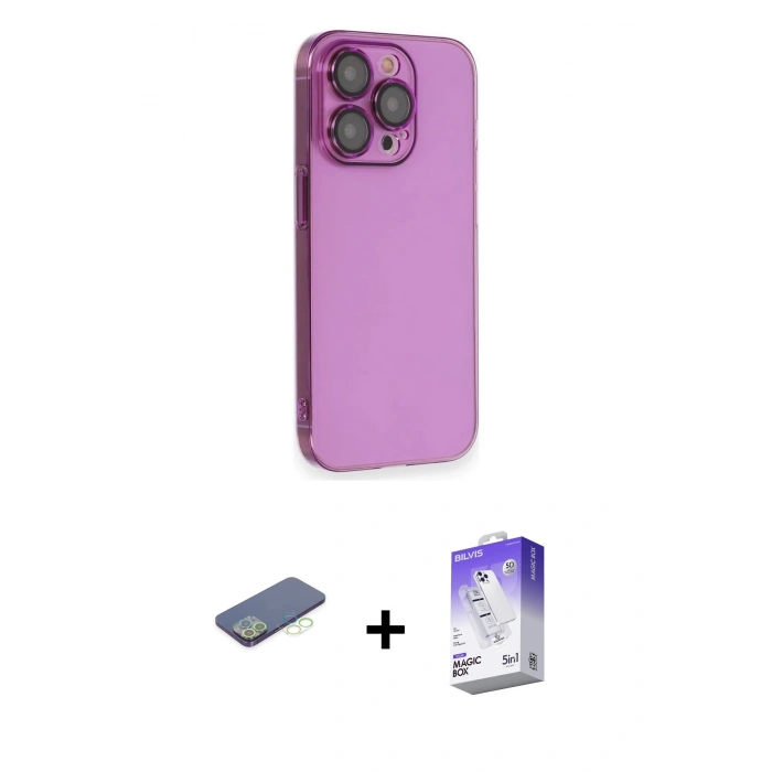 MARSİLYAN™- iPhone 13 Pro Max Kılıf Siluet Minimal Özel Seri - Siyah Bilvis 5in1 3D Magic Cam Ekran Koruyucu + Yeşil Renkli Kamera Lens Koruma Cam