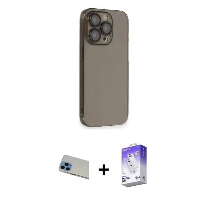 MARSİLYAN™- iPhone 13 Pro Max Kılıf Siluet Minimal Özel Seri - Siyah Bilvis 5in1 3D Magic Cam Ekran Koruyucu + Rainbow Kamera Lens Koruma Cam - MI