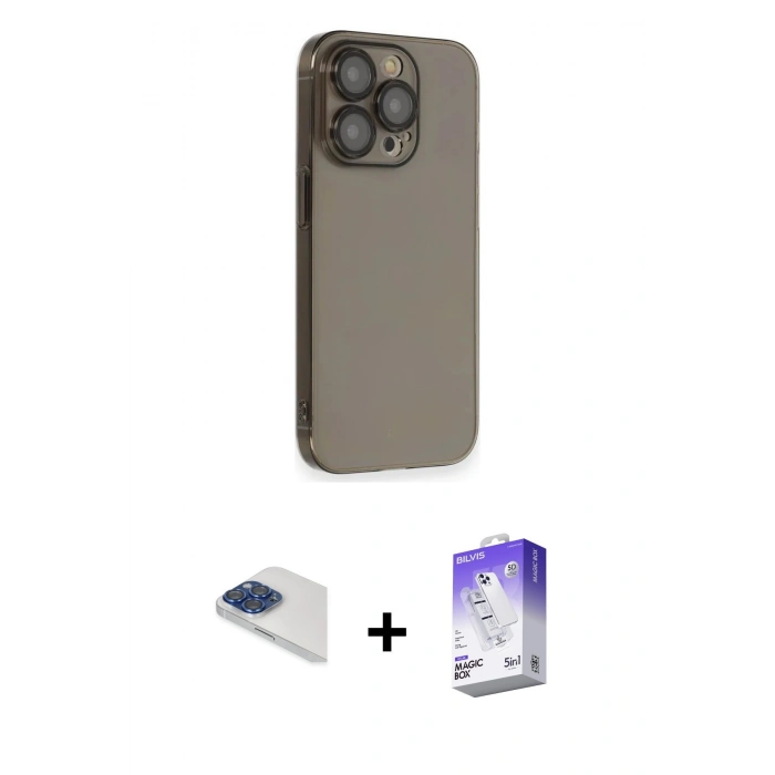 MARSİLYAN™- iPhone 13 Pro Max Kılıf Siluet Minimal Özel Seri - Siyah Bilvis 5in1 3D Magic Cam Ekran Koruyucu + Lacivert Pers Alüminyum Kamera Lens