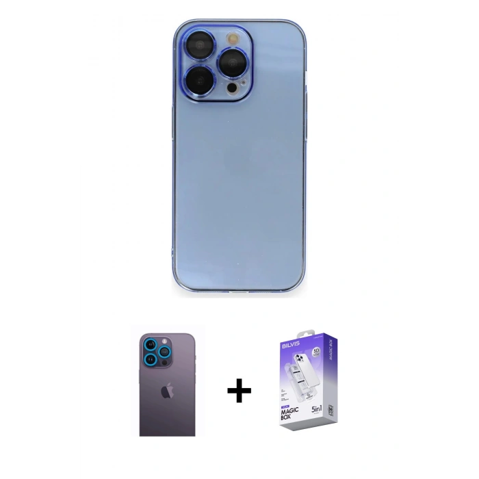 MARSİLYAN™- iPhone 13 Pro Max Kılıf Siluet Minimal Özel Seri - Siyah Bilvis 5in1 3D Magic Cam Ekran Koruyucu + Neon Fosforlu Kamera Lens - MI