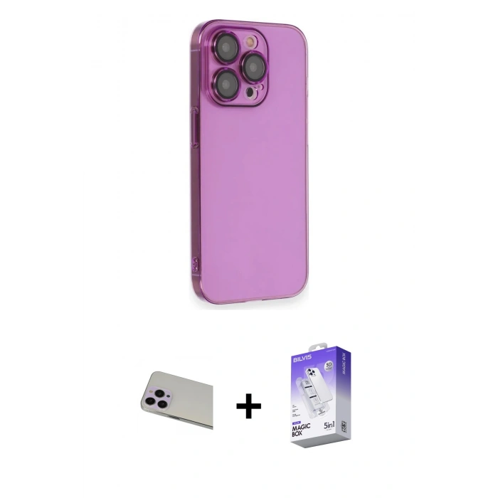 MARSİLYAN™- iPhone 13 Pro Max Kılıf Siluet Minimal Özel Seri - Siyah Bilvis 5in1 3D Magic Cam Ekran Koruyucu + Mor Rainbow Kamera Lens Koruma Cam