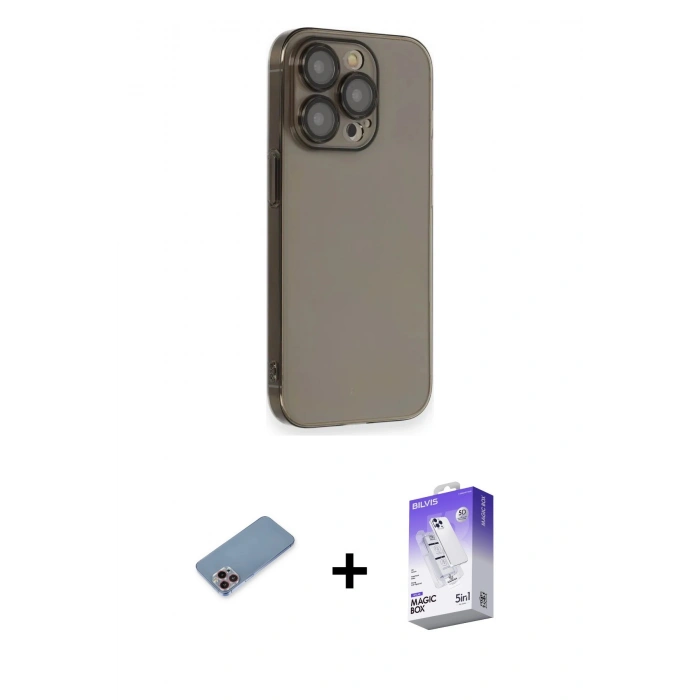 MARSİLYAN™- iPhone 13 Pro Max Kılıf Siluet Minimal Özel Seri - Siyah Bilvis 5in1 3D Magic Cam Ekran Koruyucu + Pembe Shine Kamera Lens Koruma Cam