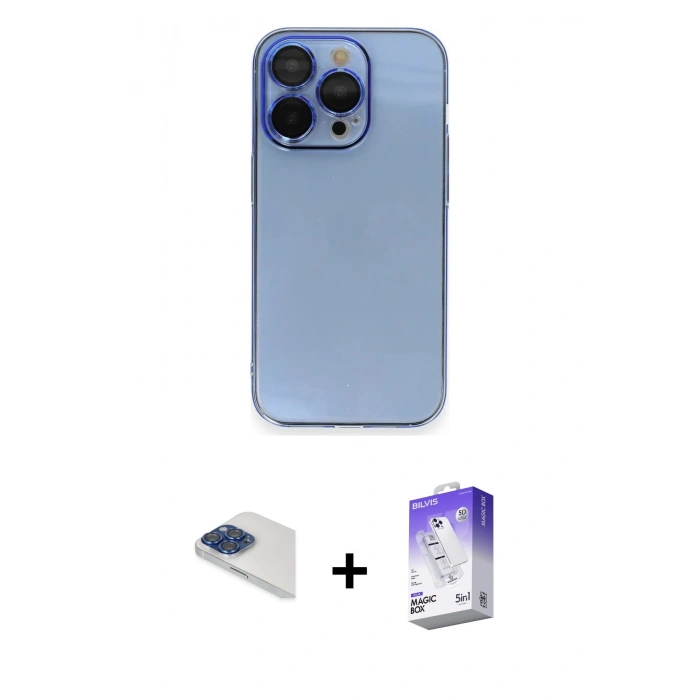 MARSİLYAN™- iPhone 13 Pro Max Kılıf Siluet Minimal Özel Seri - Siyah Bilvis 5in1 3D Magic Cam Ekran Koruyucu + Lacivert Pers Alüminyum Kamera Lens