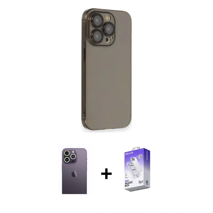 MARSİLYAN™- iPhone 13 Pro Max Kılıf Siluet Minimal Özel Seri - Siyah Bilvis 5in1 3D Magic Cam Ekran Koruyucu + Beyaz Neon Fosforlu Kamera Lens