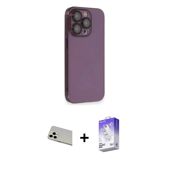 MARSİLYAN™- iPhone 13 Pro Max Kılıf Siluet Minimal Özel Seri - Siyah Bilvis 5in1 3D Magic Cam Ekran Koruyucu + Rainbow Kamera Lens Koruma Cam - BZ