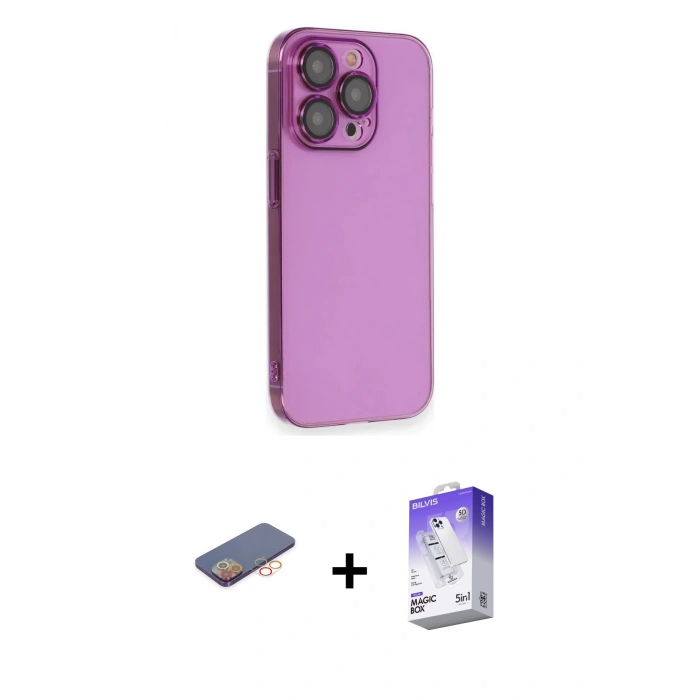 MARSİLYAN™- iPhone 13 Pro Max Kılıf Siluet Minimal Özel Seri - Siyah Bilvis 5in1 3D Magic Cam Ekran Koruyucu + Renkli Kamera Lens Koruma Cam - TU