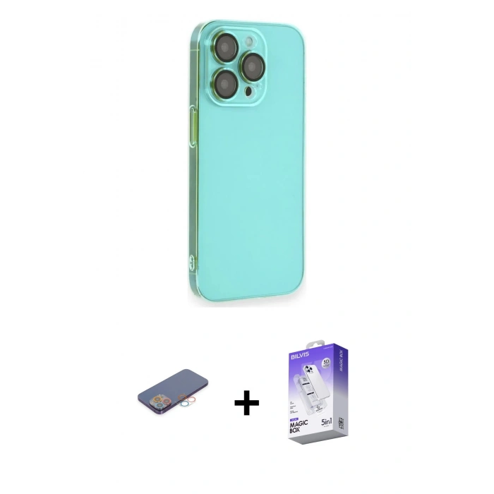 MARSİLYAN™- iPhone 13 Pro Max Kılıf Siluet Minimal Özel Seri - Siyah Bilvis 5in1 3D Magic Cam Ekran Koruyucu + Renkli Kamera Lens Koruma Cam - PE