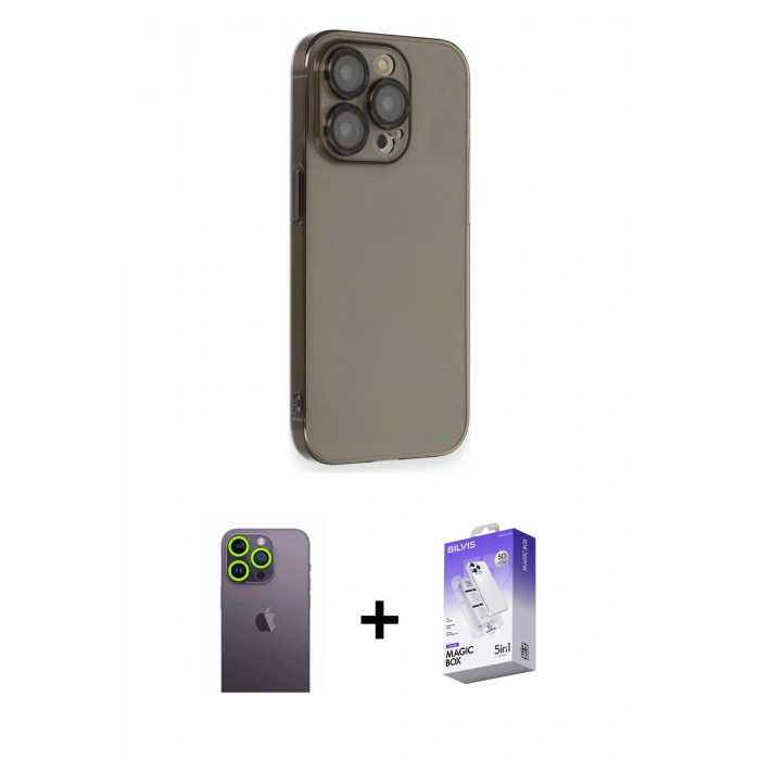 MARSİLYAN™- iPhone 13 Pro Max Kılıf Siluet Minimal Özel Seri - Siyah Bilvis 5in1 3D Magic Cam Ekran Koruyucu + Neon Fosforlu Kamera Lens - YL
