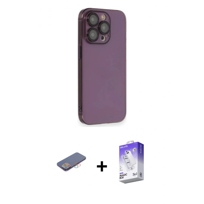 MARSİLYAN™- iPhone 13 Pro Max Kılıf Siluet Minimal Özel Seri - Siyah Bilvis 5in1 3D Magic Cam Ekran Koruyucu + Renkli Kamera Lens Koruma Cam - PE