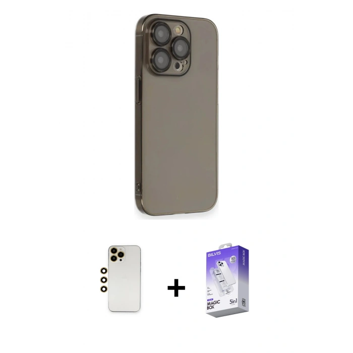 MARSİLYAN™- iPhone 13 Pro Max Kılıf Siluet Minimal Özel Seri - Siyah Bilvis 5in1 3D Magic Cam Ekran Koruyucu + Shine Kamera Lens - GD