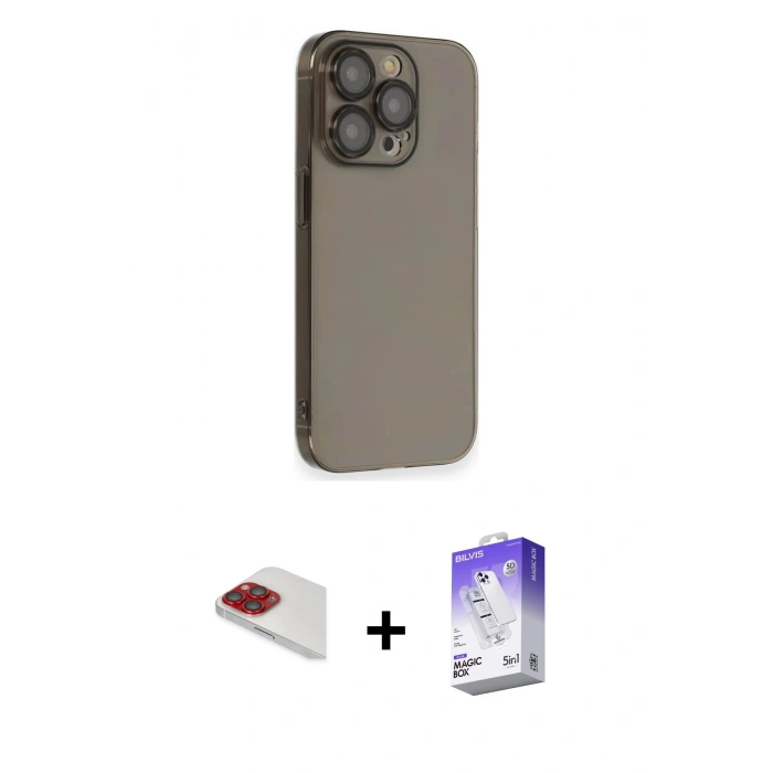 MARSİLYAN™- iPhone 13 Pro Max Kılıf Siluet Minimal Özel Seri - Siyah Bilvis 5in1 3D Magic Cam Ekran Koruyucu + Pers Alüminyum Kamera Lens - KI