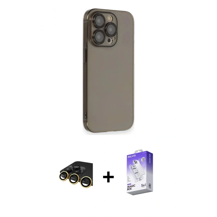 MARSİLYAN™- iPhone 13 Pro Max Kılıf Siluet Minimal Özel Seri - Siyah Bilvis 5in1 3D Magic Cam Ekran Koruyucu + Raze Metal Kamera Lens - GD