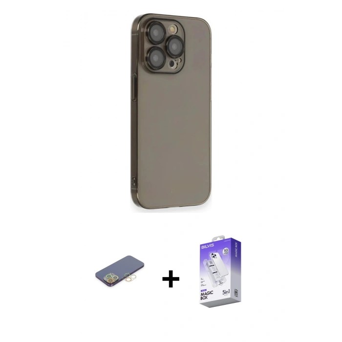 MARSİLYAN™- iPhone 13 Pro Max Kılıf Siluet Minimal Özel Seri - Siyah Bilvis 5in1 3D Magic Cam Ekran Koruyucu + Renkli Kamera Lens Koruma Cam - SI