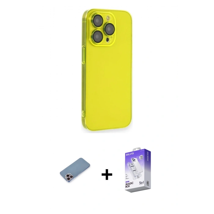 MARSİLYAN™- iPhone 13 Pro Max Kılıf Siluet Minimal Özel Seri - Siyah Bilvis 5in1 3D Magic Cam Ekran Koruyucu + Pembe Shine Kamera Lens Koruma Cam