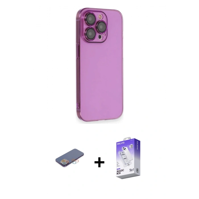 MARSİLYAN™- iPhone 13 Pro Max Kılıf Siluet Minimal Özel Seri - Siyah Bilvis 5in1 3D Magic Cam Ekran Koruyucu + Renkli Kamera Lens Koruma Cam - PE