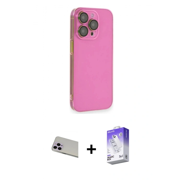 MARSİLYAN™- iPhone 13 Pro Max Kılıf Siluet Minimal Özel Seri - Siyah Bilvis 5in1 3D Magic Cam Ekran Koruyucu + Mor Rainbow Kamera Lens Koruma Cam
