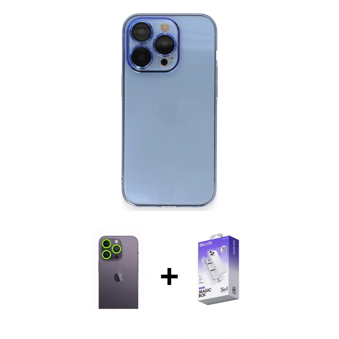 MARSİLYAN™- iPhone 13 Pro Max Kılıf Siluet Minimal Özel Seri - Siyah Bilvis 5in1 3D Magic Cam Ekran Koruyucu + Neon Fosforlu Kamera Lens - YL
