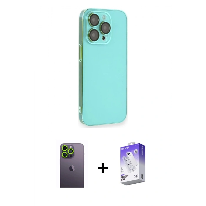 MARSİLYAN™- iPhone 13 Pro Max Kılıf Siluet Minimal Özel Seri - Siyah Bilvis 5in1 3D Magic Cam Ekran Koruyucu + Neon Fosforlu Kamera Lens - YL