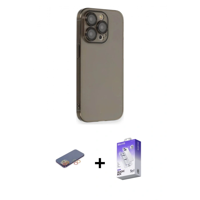 MARSİLYAN™- iPhone 13 Pro Max Kılıf Siluet Minimal Özel Seri - Siyah Bilvis 5in1 3D Magic Cam Ekran Koruyucu + Renkli Kamera Lens Koruma Cam - TU