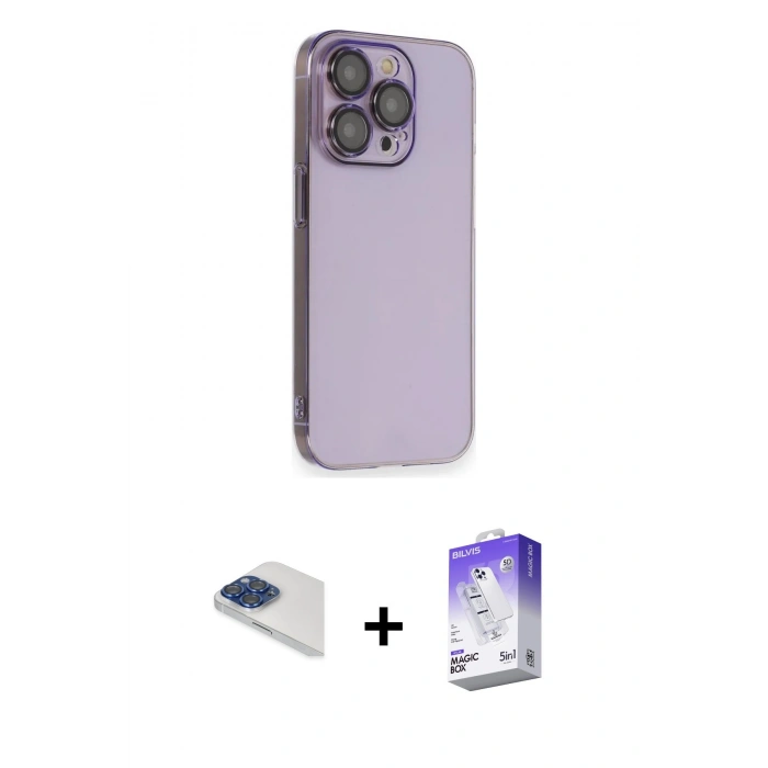 MARSİLYAN™- iPhone 13 Pro Max Kılıf Siluet Minimal Özel Seri - Siyah Bilvis 5in1 3D Magic Cam Ekran Koruyucu + Lacivert Pers Alüminyum Kamera Lens
