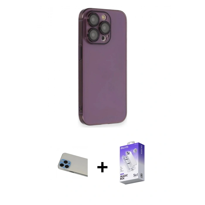 MARSİLYAN™- iPhone 13 Pro Max Kılıf Siluet Minimal Özel Seri - Siyah Bilvis 5in1 3D Magic Cam Ekran Koruyucu + Rainbow Kamera Lens Koruma Cam - MI