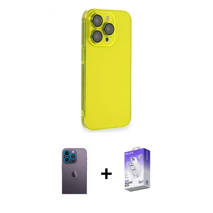 MARSİLYAN™- iPhone 13 Pro Max Kılıf Siluet Minimal Özel Seri - Siyah Bilvis 5in1 3D Magic Cam Ekran Koruyucu + Neon Fosforlu Kamera Lens - MI