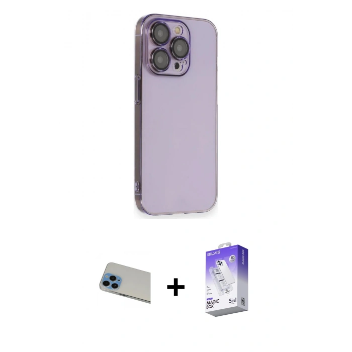 MARSİLYAN™- iPhone 13 Pro Max Kılıf Siluet Minimal Özel Seri - Siyah Bilvis 5in1 3D Magic Cam Ekran Koruyucu + Rainbow Kamera Lens Koruma Cam - MI