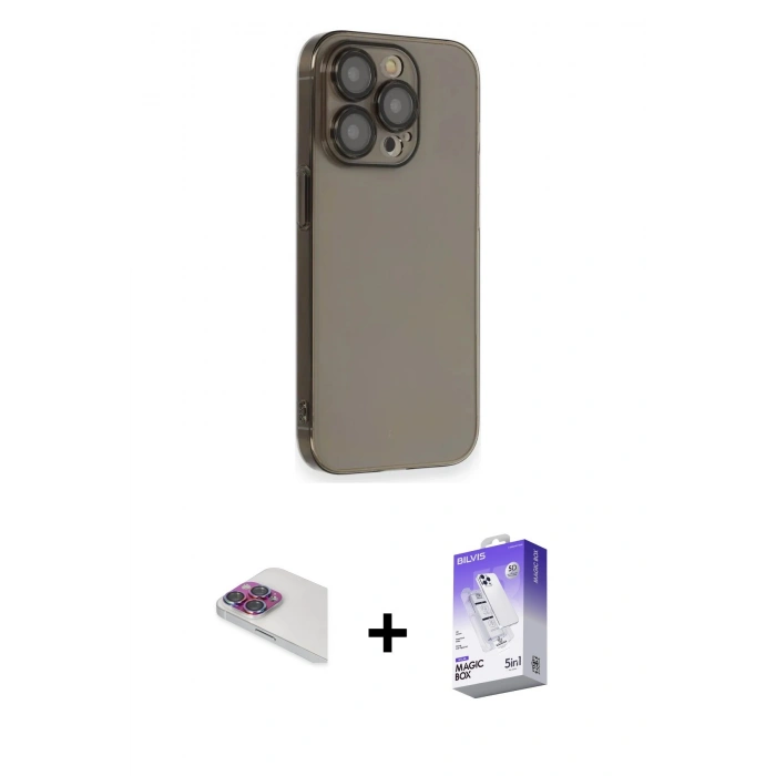 MARSİLYAN™- iPhone 13 Pro Max Kılıf Siluet Minimal Özel Seri - Siyah Bilvis 5in1 3D Magic Cam Ekran Koruyucu + Pers Alüminyum Kamera Lens - GI
