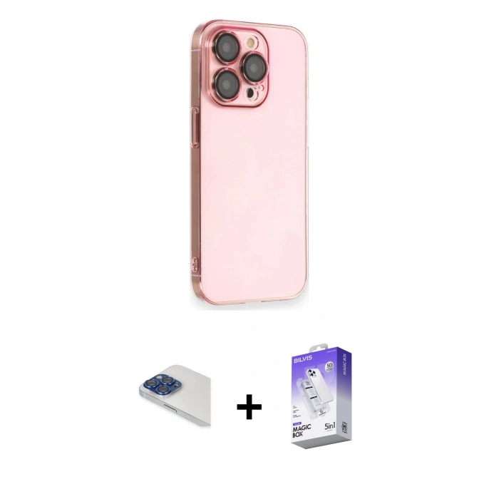 MARSİLYAN™- iPhone 13 Pro Max Kılıf Siluet Minimal Özel Seri - Siyah Bilvis 5in1 3D Magic Cam Ekran Koruyucu + Lacivert Pers Alüminyum Kamera Lens