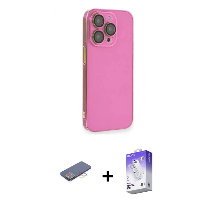 MARSİLYAN™- iPhone 13 Pro Max Kılıf Siluet Minimal Özel Seri - Siyah Bilvis 5in1 3D Magic Cam Ekran Koruyucu + Renkli Kamera Lens Koruma Cam - MI