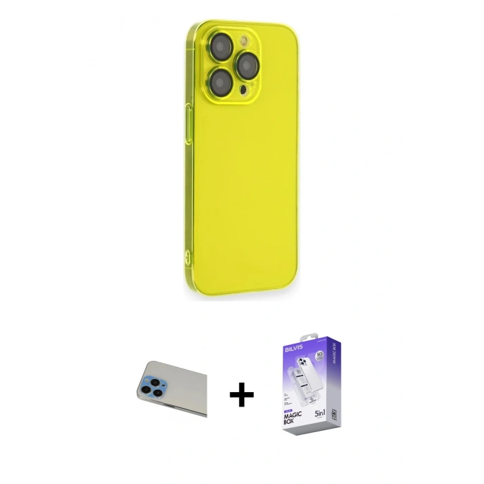 MARSİLYAN™- iPhone 13 Pro Max Kılıf Siluet Minimal Özel Seri - Siyah Bilvis 5in1 3D Magic Cam Ekran Koruyucu + Rainbow Kamera Lens Koruma Cam - MI