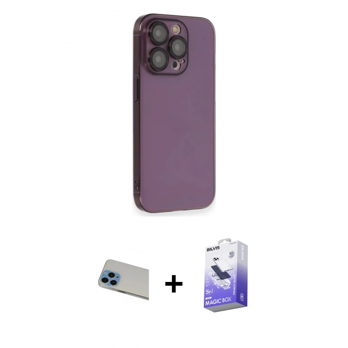 MARSİLYAN™- iPhone 13 Pro Max Kılıf Siluet Minimal Özel Seri - Siyah Bilvis 5in1 5D Magic Hayalet Cam Ekran Koruyucu + Mavi Rainbow Kamera Lens Koruma Cam