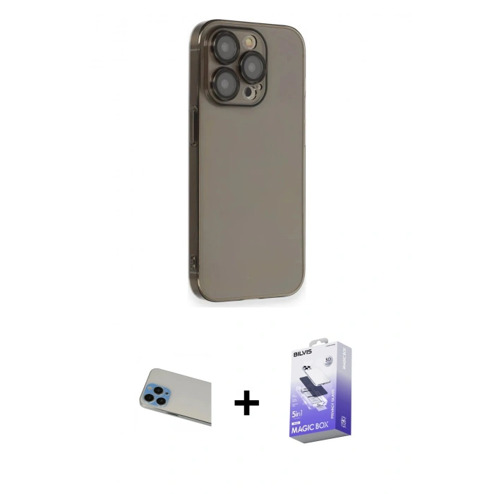 MARSİLYAN™- iPhone 13 Pro Max Kılıf Siluet Minimal Özel Seri - Siyah Bilvis 5in1 5D Magic Hayalet Cam Ekran Koruyucu + Mavi Rainbow Kamera Lens Koruma Cam