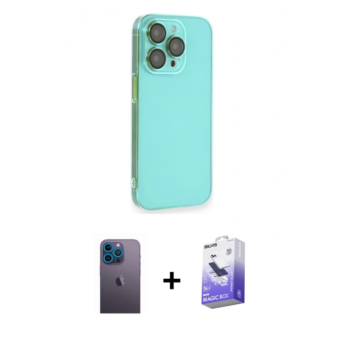 MARSİLYAN™- iPhone 13 Pro Max Kılıf Siluet Minimal Özel Seri - Siyah Bilvis 5in1 5D Magic Hayalet Cam Ekran Koruyucu + Neon Fosforlu Kamera Lens - MI