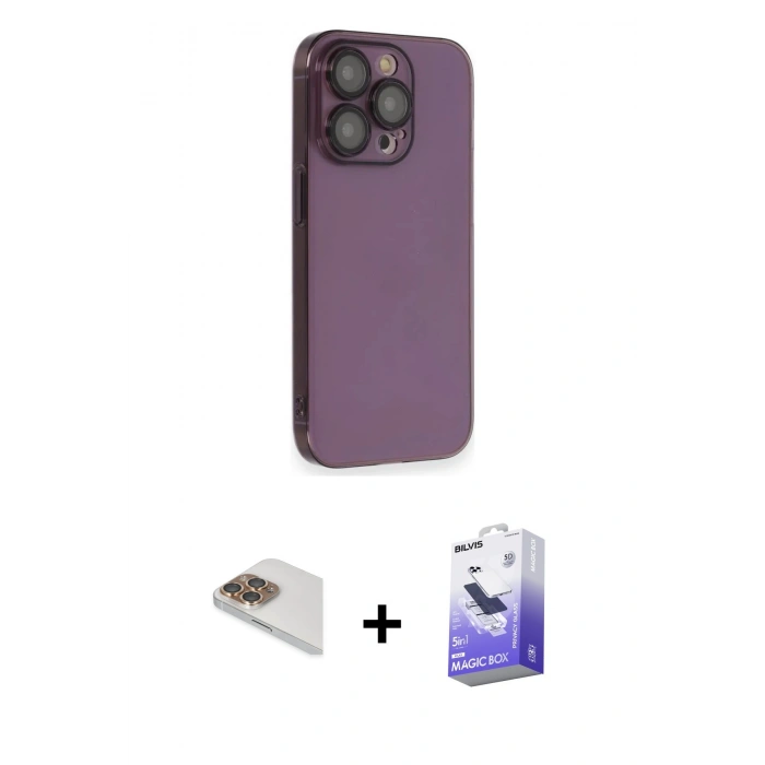 MARSİLYAN™- iPhone 13 Pro Max Kılıf Siluet Minimal Özel Seri - Siyah Bilvis 5in1 5D Magic Hayalet Cam Ekran Koruyucu + Pers Alüminyum Kamera Lens - GD